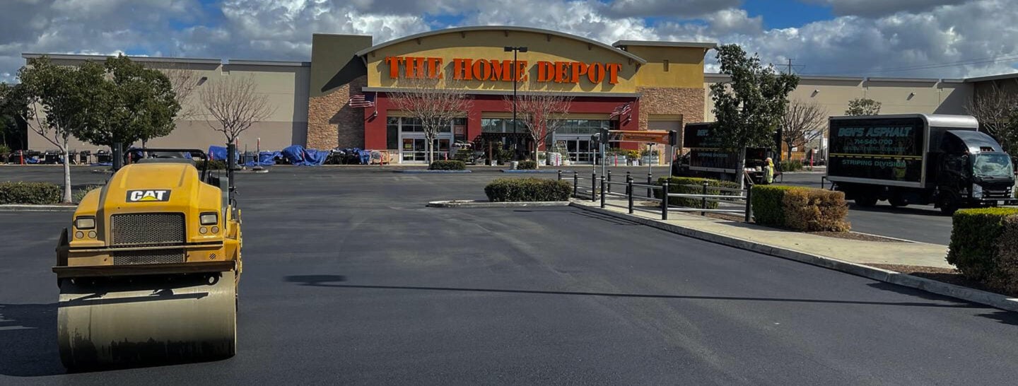 home depot parking lot with a freshly paved parking lot